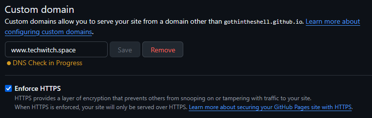 Screenshot of GitHub&rsquo;s Custom domain configuration page, showing www.techwitch.space configured with a DNS Check in Progress, and the Enforce HTTPS box selected