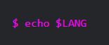 screenshot showing $ echo $LANG in hot pink against a dark grey background